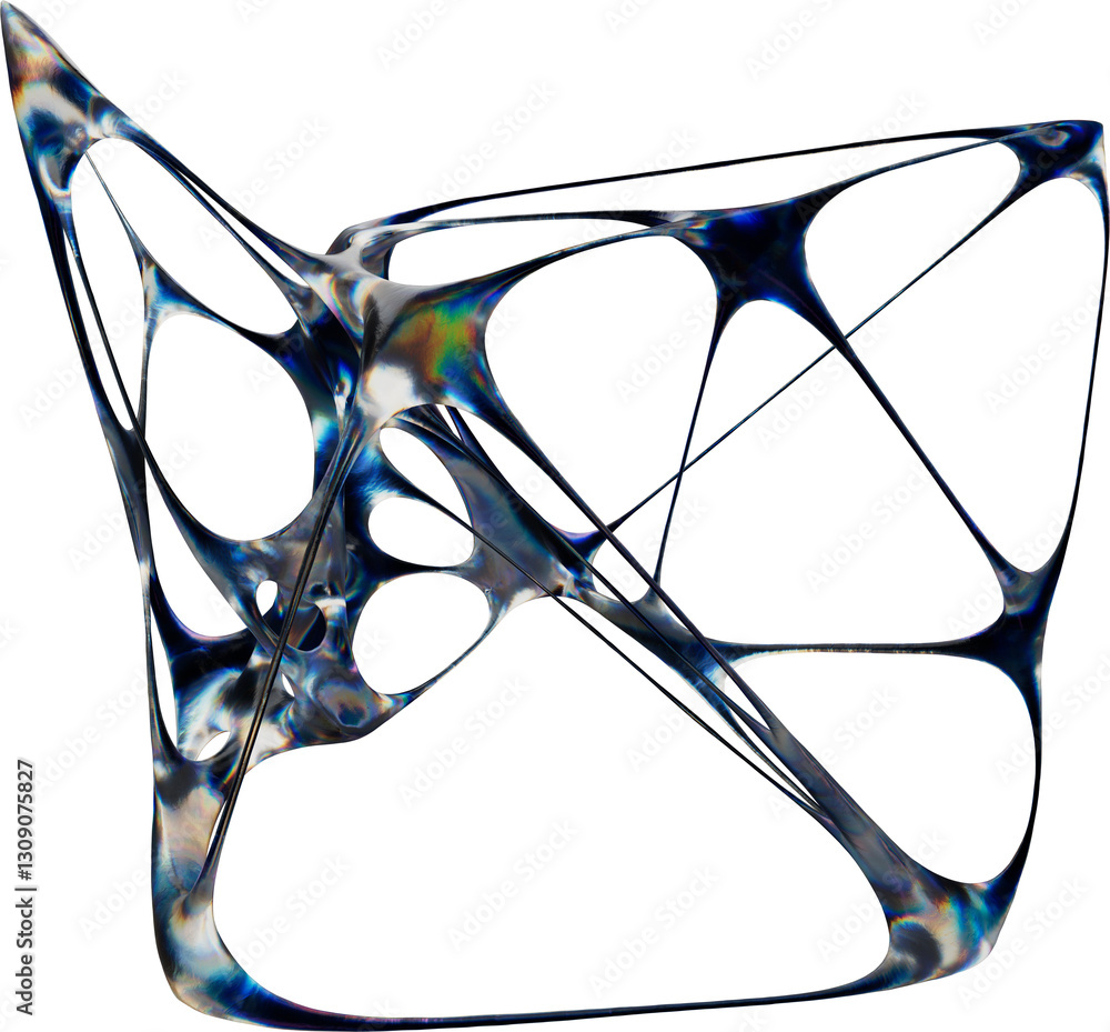 Poster organic 3d structure with iridescent surface and interconnected spires, showcasing a futuristic and 