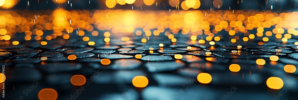 Poster a stunning close-up of raindrops on a surface, illuminated by warm golden lights, creating a captiva