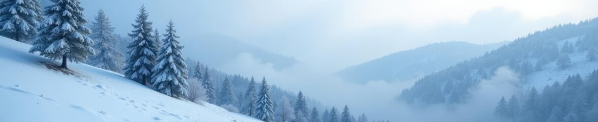 Obraz premium Trees in the fog on a mountain slope have snow-covered trunks, mountain, frosty