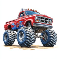 Cartoon monster truck with huge tires and a playful design, isolated on white 