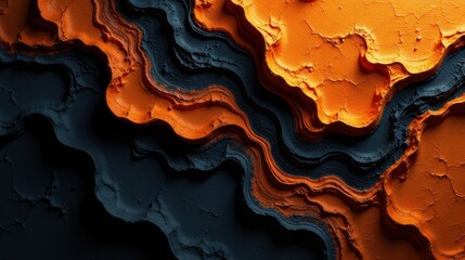 Obraz premium Abstract Textured Landscape of Deep Blue and Vivid Orange Hues, a Striking Visual Composition Featuring Intertwined Swirling Patterns and a Dramatic Contrast of Colors