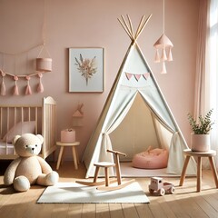 "Cozy kids' room with pastel tones, teepee tent, and decorations."
