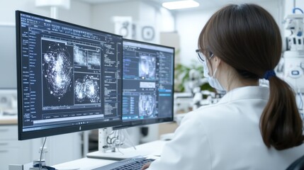 Scientist analyzing complex data on dual monitors, focused on research and innovation in a modern laboratory setting.