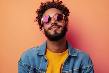 Obraz premium Confident young man in stylish sunglasses poses against a vibrant backdrop