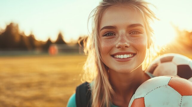 Smiling woman in sports gear enjoying sunny soccer practice day