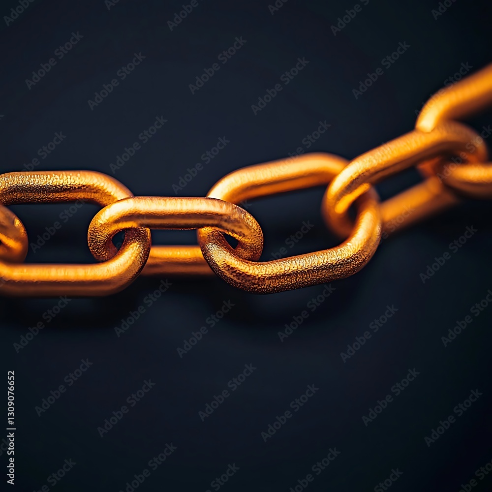 Poster a close-up of a shiny golden chain links against a dark background, showcasing the texture and desig