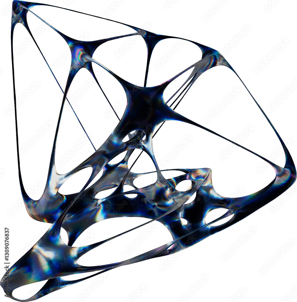Poster organic 3d structure with iridescent surface and interconnected spires, showcasing a futuristic and 