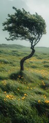 Windswept tree dances gracefully above vibrant green grass fields