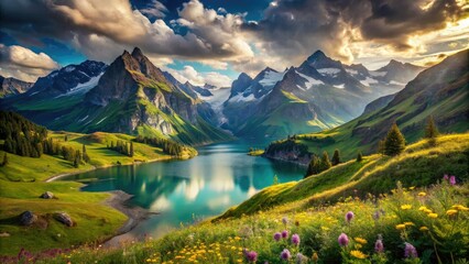 Obraz premium Majestic Swiss Alps panorama: soaring peaks, verdant meadows, breathtaking scenic views.