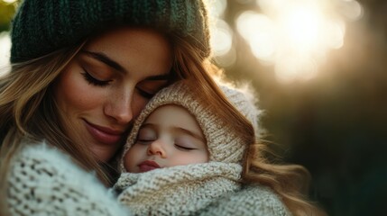 Warm embrace of a mother and her sleeping baby in natural light