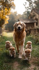 Golden Retriever leads playful puppies through a serene countryside garden
