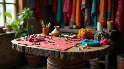 Artisan Jewelry Making Studio Scene Colorful Fabrics, Accessories, and Golden Ornaments on Rustic Wooden Table