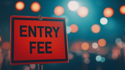 A vibrant sign reading "ENTRY FEE" stands out against a blurred background of colorful lights, indicating a cost to enter an event.
