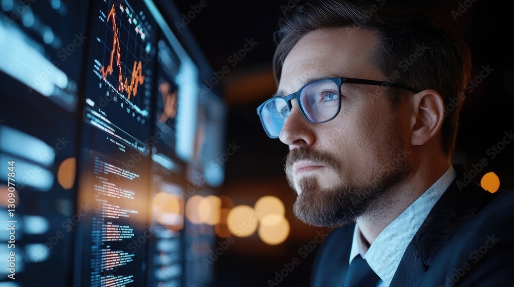 Poster data analyst observing financial trends on high-tech display screen