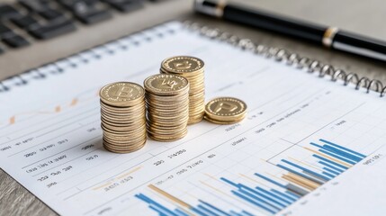 Stacks of coins on financial document with graphs, depicting economic growth and investment trends.