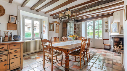 A charming French country-style dining room with antique wooden furniture