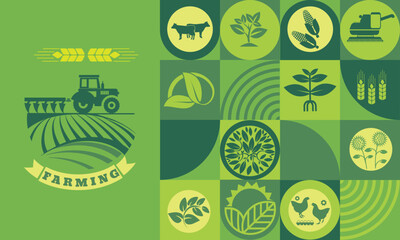 Natural banner design featuring agricultural icons of farm products.