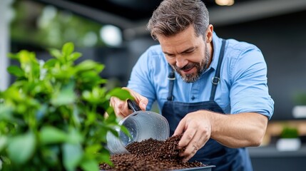 Young man transforms coffee grounds into compost while brewing morning coffee