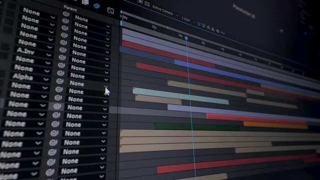 In a digital editing workspace, various colorful layers and clips are organized for a music video production. The timeline showcases meticulous editing and compositing efforts.