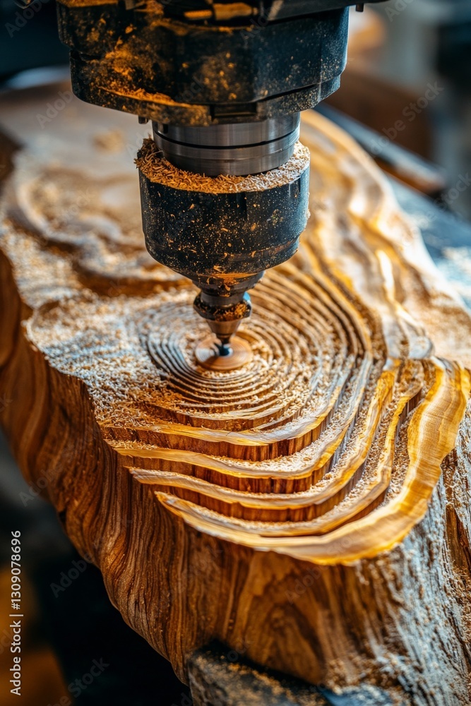 Poster cnc router carving intricate circular pattern on wood plank, craftsmanship and technology in action.