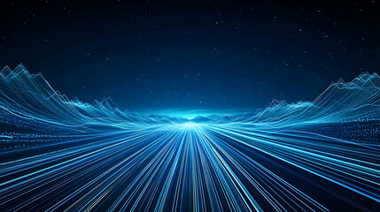 Abstract Digital Landscape of Blue Glowing Lines and Dots under a Starry Night Sky