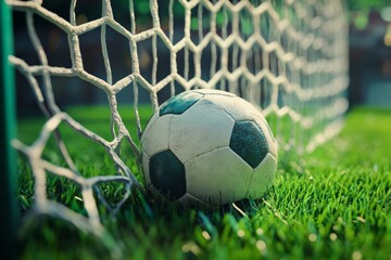 A soccer ball is captured resting in the corner of a goal net, surrounded by lush green grass. The sharp details showcase the ball's texture under bright sunlight