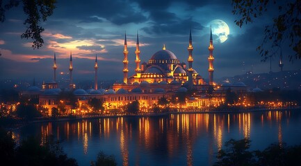Fototapeta premium Illuminated Mosque by a River at Night Under a Full Moon and Soft Clouds Showcasing Istanbul's Architectural Beauty