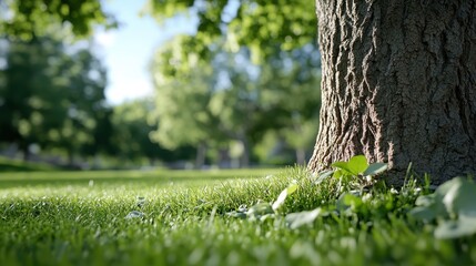 Gentle sway of the tree under soft sunlight with lush grass below