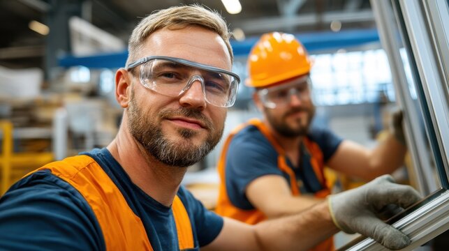 Workers assembling aluminium window frames in a glass factory workshop