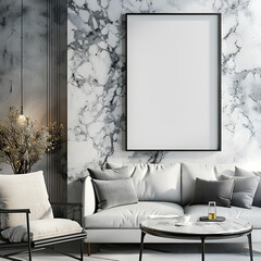 A blank framed artwork on the wall of minimalist living room
