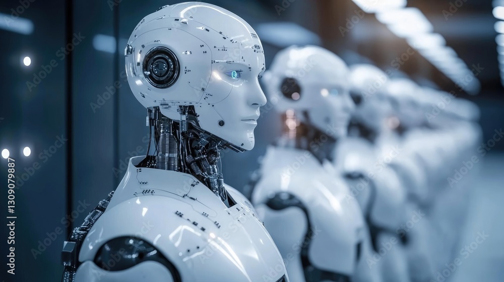Poster row of advanced humanoid robots in a futuristic factory setting