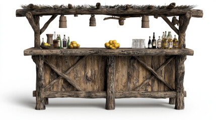 Rustic wooden bar with drinks and lemons, perfect for outdoor gatherings