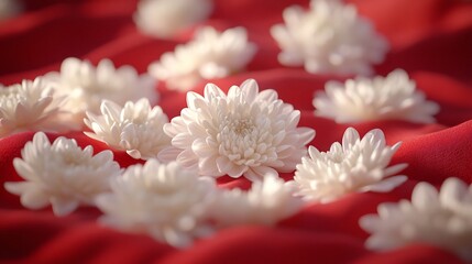 White chrysanthemums on red fabric, sunlight