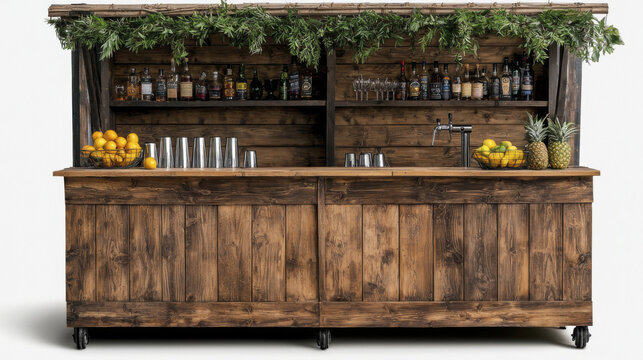 Wooden bar counter with tropical fruits and drinks, perfect for events