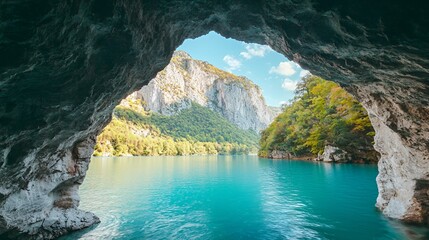 Stunning View of Turquoise Lake from a Cave Opening