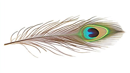 Obraz premium Isolated peacock feather, vibrant eye, studio shot, white background, design element
