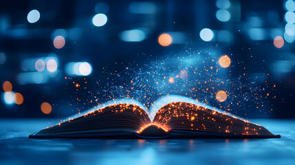Open Book Illuminated With Glowing Lights and Floating Particles on Dark Surface