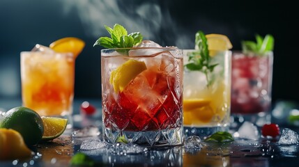 Various drinks with mint leaves and oranges. Colorful cocktail bundle with exotic tropical flavors. A margarita with a transparent margarita fashioned from a mojito. A lifestyle selection of.