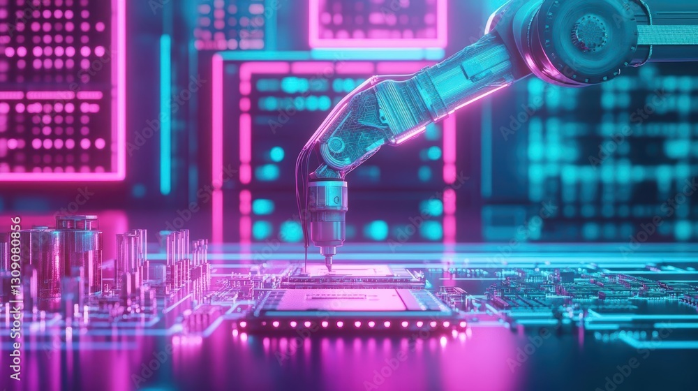 Poster futuristic robotic hand interacting with computer interface in a high-tech environment showcasing ad