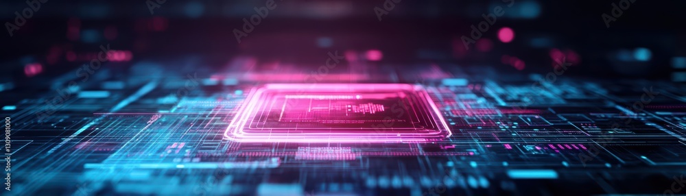 Poster intricate computer chip illuminated by soft pink light creating a futuristic and technological atmos