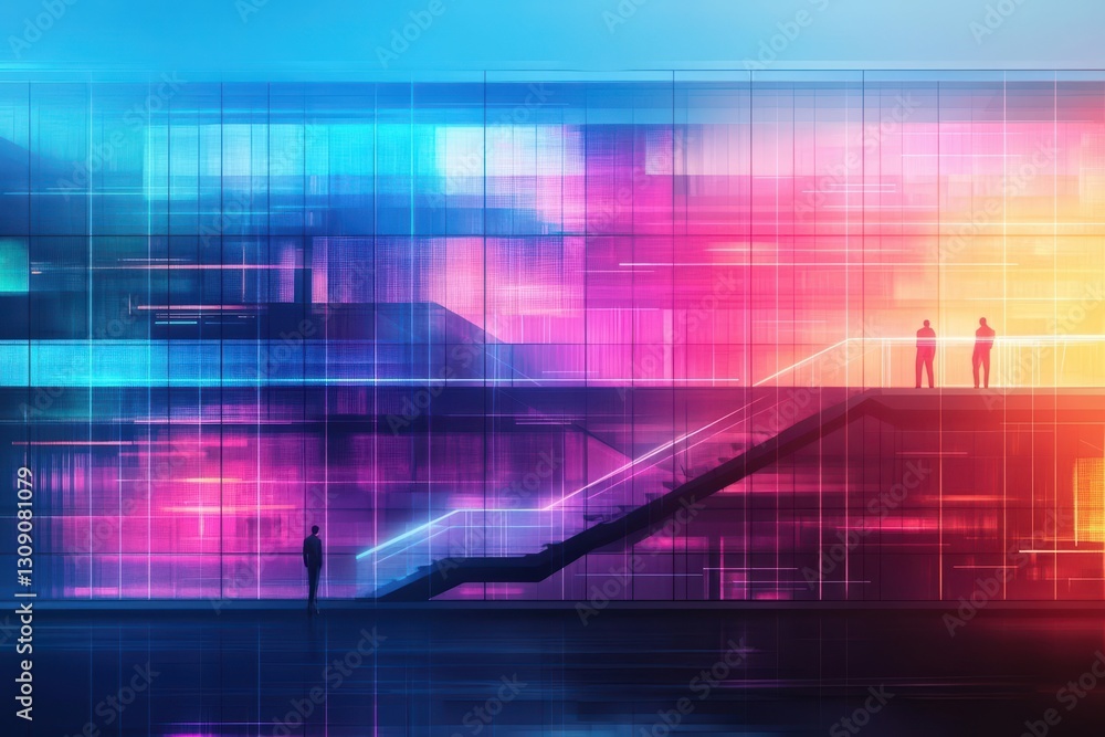 Poster a man standing on an escalator in a futuristic building bathed in soft ambient light with sleek line