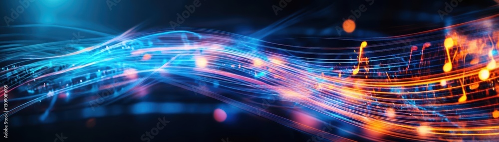 Poster dynamic abstract composition featuring flowing blue and orange lines intertwined in a captivating di