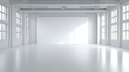 Spacious White Room Interior with Large Blank Surface and Multiple Windows