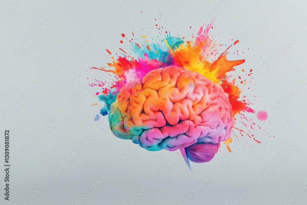Poster vibrant artistic representation of a brain surrounded by a cascade of colorful paint splashes symbol