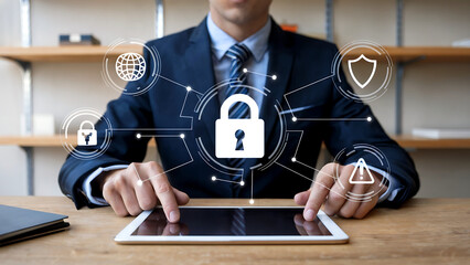 A photo of a financial analyst sitting at a desk, using a tablet. There are floating cybersecurity icons around the analyst and the tablet, including a padlock, a shield, and a warning sign. 