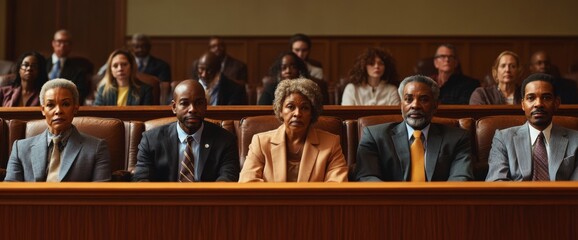A group of diverse jurors are seated attentively in a courtroom, focusing on the proceedings. Their expressions indicate seriousness and engagement with the ongoing trial