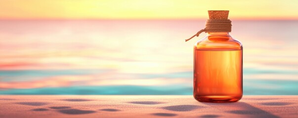 A tranquil scene featuring a glass bottle with orange liquid, set against a serene sunset over calm waters.