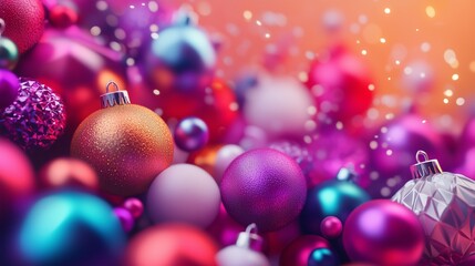 Fototapeta premium Christmas decorations on a blurred background. Colorful christmas decorations in a christmas tree. Wallpaper with a background of illustrations. Blurred backdrop with christmas ornaments lifestyle.