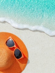 Obraz premium A vibrant beach scene featuring an orange sunhat and sunglasses resting on soft sand beside clear turquoise water.