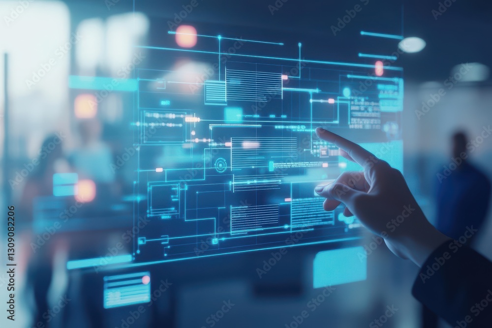 Poster person gently interacting with touch screen technology in a modern setting illustrating user engagem